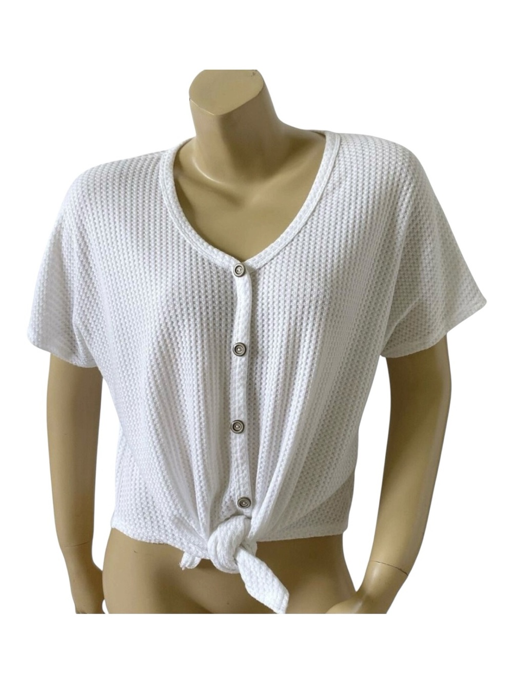 Acemi Thermal Crop Top Womens Large White Waffle Knit Tie Front Short Sleeve